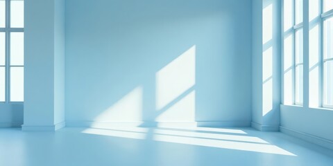 Fototapeta premium Serene Light-Filled Room with Pale Blue Walls and Sunlight Streaming Through Windows