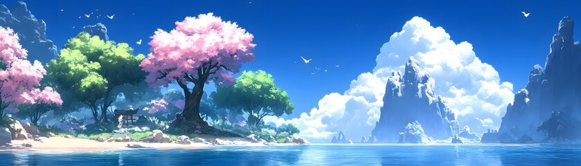 Obraz premium A serene island landscape with vibrant trees and fluffy clouds.