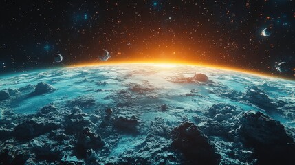 Alien planet sunrise.  Vast,  icy landscape,  space,  sun