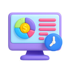 3D Render of Colorful Computer Screen Showing Pie Chart, List, and Clock Icon   Financial Time