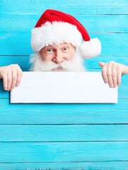 Naklejka premium Santa Claus holding a blank sign against a solid blue background, studio portrait, festive holiday concept.