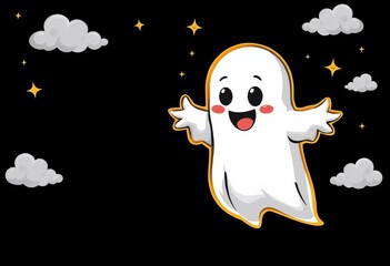 Obraz premium Cute ghost with pumpkin, gold outline, black background, stars, clouds, spooky cute, friendly