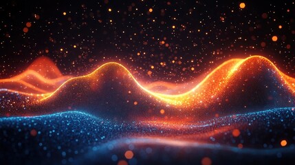 Abstract glowing wave-like surface with vibrant orange and blue particles creating a dynamic and energetic digital landscape