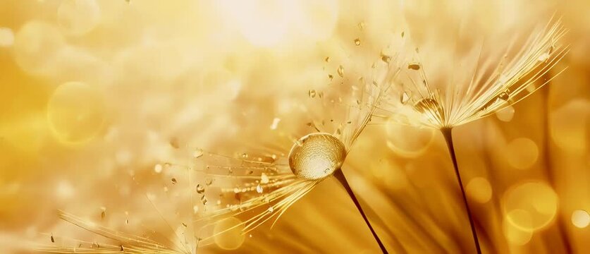 Macro shot of water drops on dandelion seeds in natural yellow and gold tones.