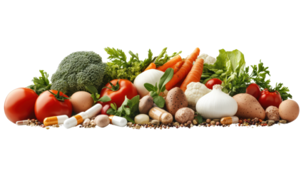 Assorted fresh vegetables, eggs, and vitamin supplements are arranged on a white background in a studio shot.