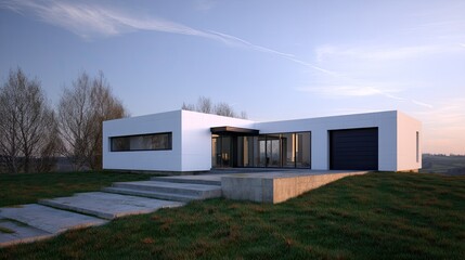 Modern White Cube Home on Hill at Sunset Minimalist Design.
