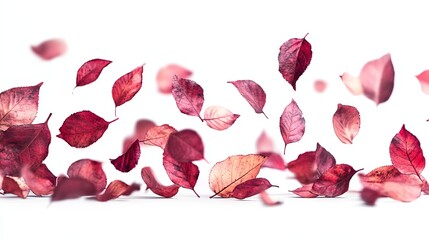 A flurry of crimson and russet leaves dance against a stark white backdrop, creating a vibrant autumnal scene