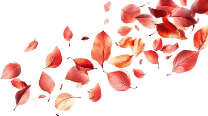 Red and orange leaves gracefully falling against a white backdrop, creating a vibrant autumnal scene