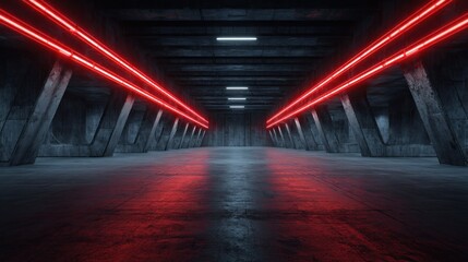 Futuristic concrete tunnel with red neon lights