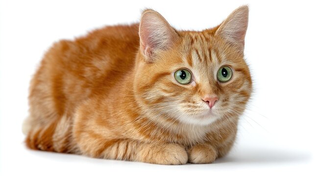 Full-body image of a ginger cat with green eyes, sitting attentively in the center, isolated on a white background, studio lighting, realistic detail - Powered by Adobe