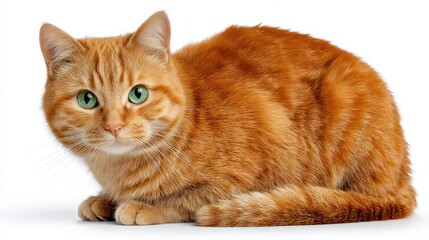 Full-body image of a ginger cat with green eyes, sitting attentively in the center, isolated on a white background, studio lighting, realistic detail