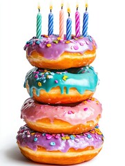 Donut Tower with Candles – Party Icing Delight on White Background