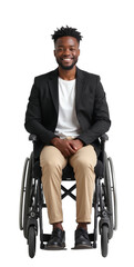 Photorealistic portrait of a confident African descent non-binary person in a wheelchair, business casual attire. Ideal for diverse business, healthcare, finance, HR,