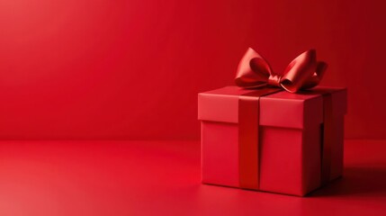 A single red gift box with a large satin bow sits on a matching red surface against a solid red background