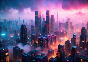 Obraz premium Aerial Cityscape, Foggy Skyscrapers, Tilt-Shift Photography, Urban Landscape, City View