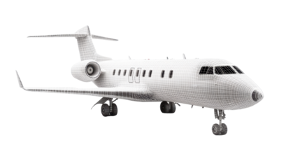 A wireframe illustration of a private jet aircraft sits isolated against a white background in three dimensions.