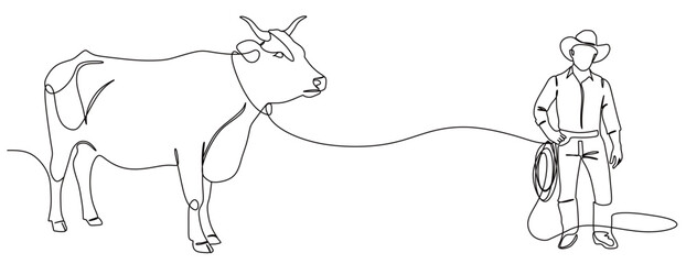 continuous line art of a cow icon being controlled by a cowboy using a rope with a transparent background.