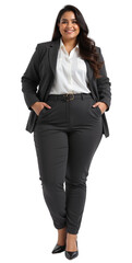 Middle Eastern plus-size woman, early 20s, full-body professional studio portrait in dark gray business suit, white shirt, engaging smile, isolated on transparent background. Sharp focus,
