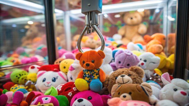 Carnival games A claw machine filled with colorful plush toys, featuring a prominent teddy bear ready to be grabbed.