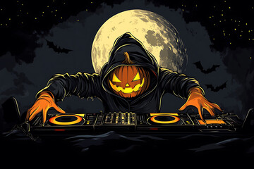 Mysterious DJ Pumpkin Mixing Beats Under a Full Moon with Bats Flying in the Night Sky