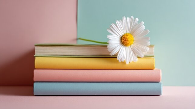 Pastel-colored books stacked with a daisy