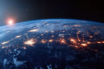 Obraz premium Earth from space at night with city lights and sunrise in the horizon