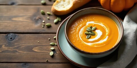 Aromatic pumpkin soup, creamy swirls, and toasted bread, a warm autumnal culinary delight served in a rustic bowl
