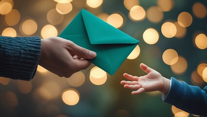 An adult's hand offers a teal envelope to a child amidst warm bokeh lights, capturing the joy of Eid gift-giving and festive holiday cheer in 2025.