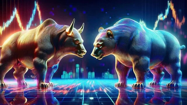bull bear illustration neon stock battle
bull and bear stock market face-off, glowing bull bear clash with digital bull bear trend, neon bull bear symbol in financial battle