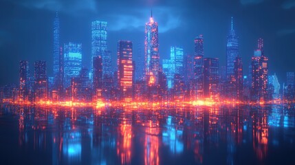 Futuristic city skyline at night, vibrant neon lights reflecting on water