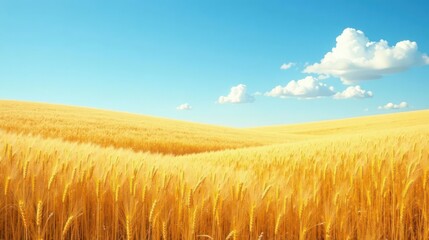 Obraz premium Golden Wheat Field Under a Summer Sky, Rolling Hills and Fluffy Clouds Create a Serene and Peaceful Landscape