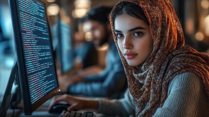 Focused young woman wearing a headscarf working on computer programming in a dimly lit office environment