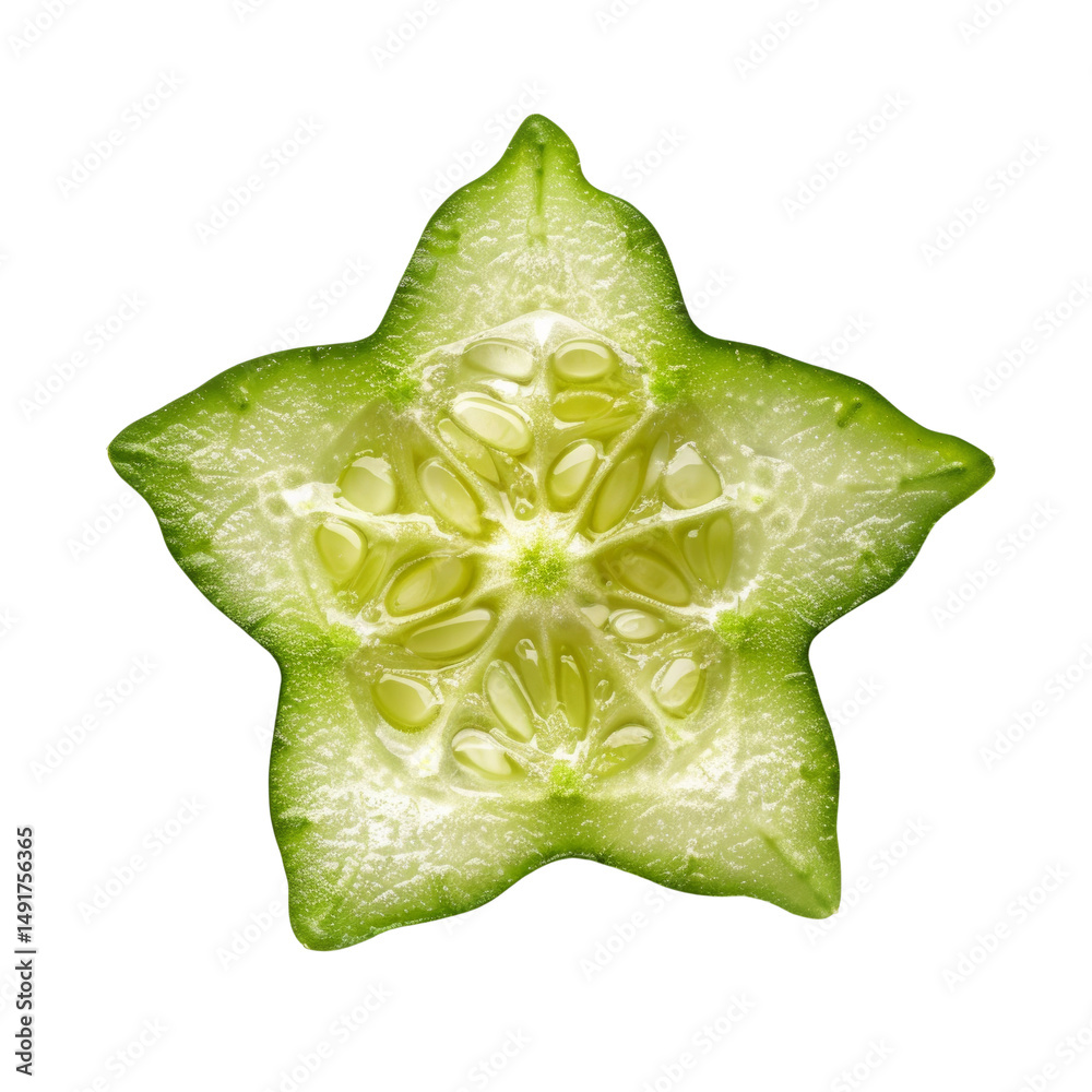Aufkleber Close up of a star shaped cucumber slice with visible seeds isolated