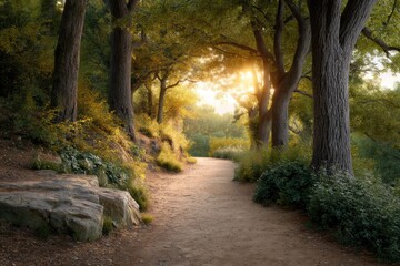 Obraz premium Walking Path Through Forest with Sunlight and Trees