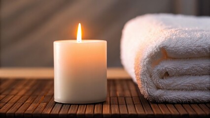 Obraz na płótnie Canvas A lit candle next to a neatly folded towel on a wooden surface creates a calming, serene atmosphere.