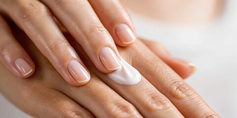 Naklejka premium Moisturizing cream being applied to a woman's hand, showcasing a focus on skincare and beauty routine.