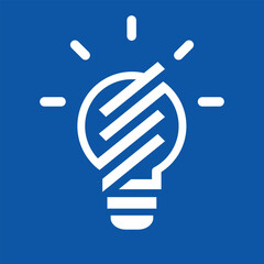 The image shows a flat logo design of an abstract lightbulb that shining bright that looks nice and clean in a white color on a blue background