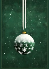 Green and white Christmas ornament decorated with white snowflakes hanging against a dark green textured background with falling snowflakes