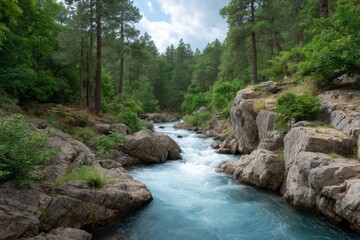 River Flowing Through Forest Landscape with Rocks and Lush Trees