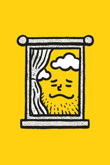 Cheerful Doodle of a Window View with Sun and Clouds Illustration