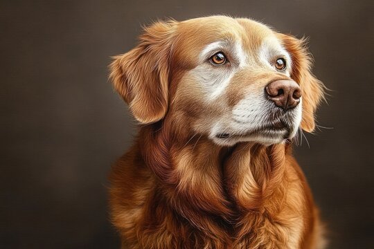 close-up portrait of a golden retriever dog looking thoughtfully to the side with soft lighting and warm brown background