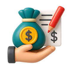 3D Illustration of a Hand Holding a Money Bag with a Receipt and Pencil