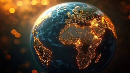 Glowing illuminated map of Earth showing continents and countries at night with bright city lights and a dark ocean background