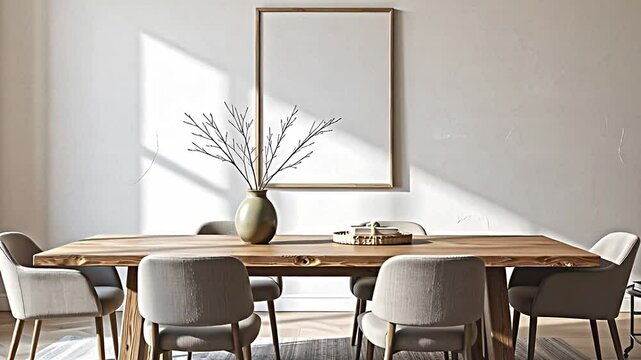 a dining room bathed in soft, natural light showcases a long, reclaimed wooden table, its surface subtly scarred and aged