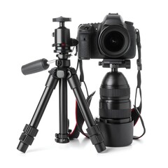 Black camera and tripod set against a clean white backdrop professional photography equipment concept