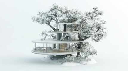 Modern treehouse design, circular structure nestled amongst trees, showcasing interior spaces and exterior architecture.