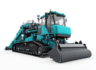 Teal tracked asphalt paver with a large roller and a hydraulic arm.