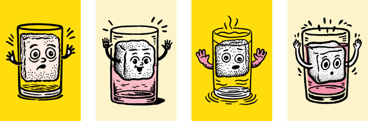 Playful Ice Cubes: Fun Doodle Illustrations on Bright Background
