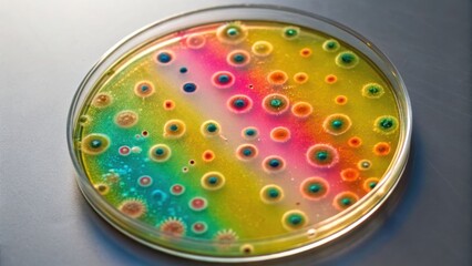 Colorful Petri dish showcasing vibrant bacterial growth patterns in various hues.