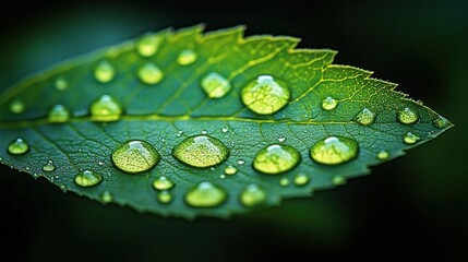 Close-up of green leaf covered with multiple water droplets highlighting leaf veins and natural texture in soft light